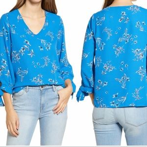 CeCe painterly bouquet tie sleeve turquoise blouse/ size M